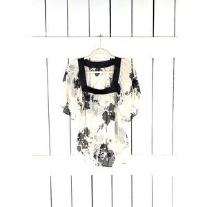 90s vintage ivory black sheer floral beaded flutter sleeve billowy blouse
